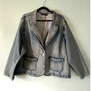 Venezia women's 1 button distressed jean jacket with embellished collar size 2xl